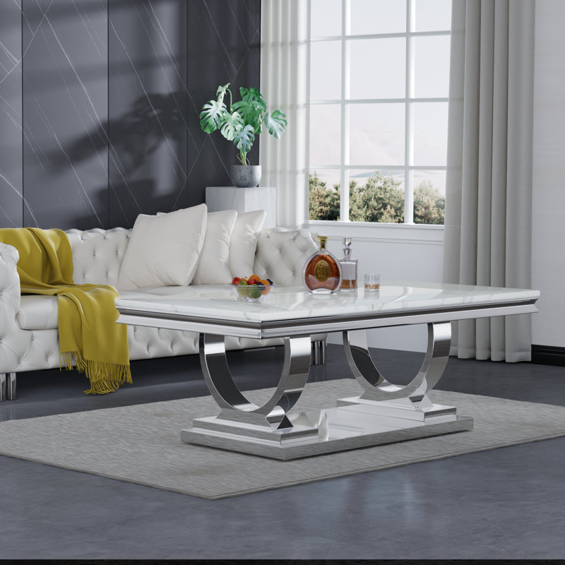 46.85" Coffee Table with White Marble Top, Modern Rectangular Faux Marble Coffee Table with Stainless Steel Pedestal, Luxury Gold Cocktail Centre Table for Living Room Office