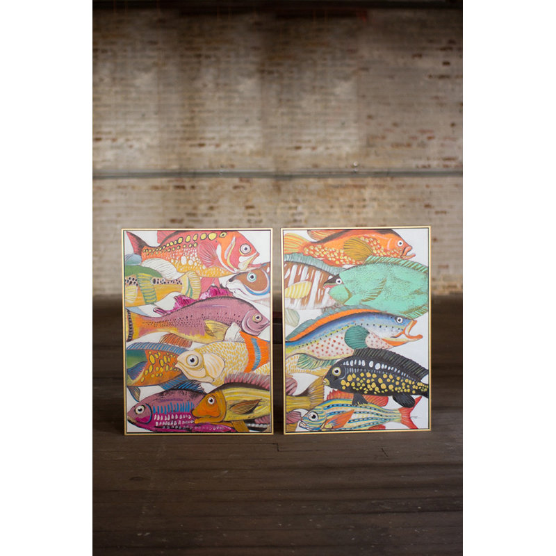  Art mural - ensemble de peinture à l'acrylique de deux poissons, toile peinte à la main or encadrée