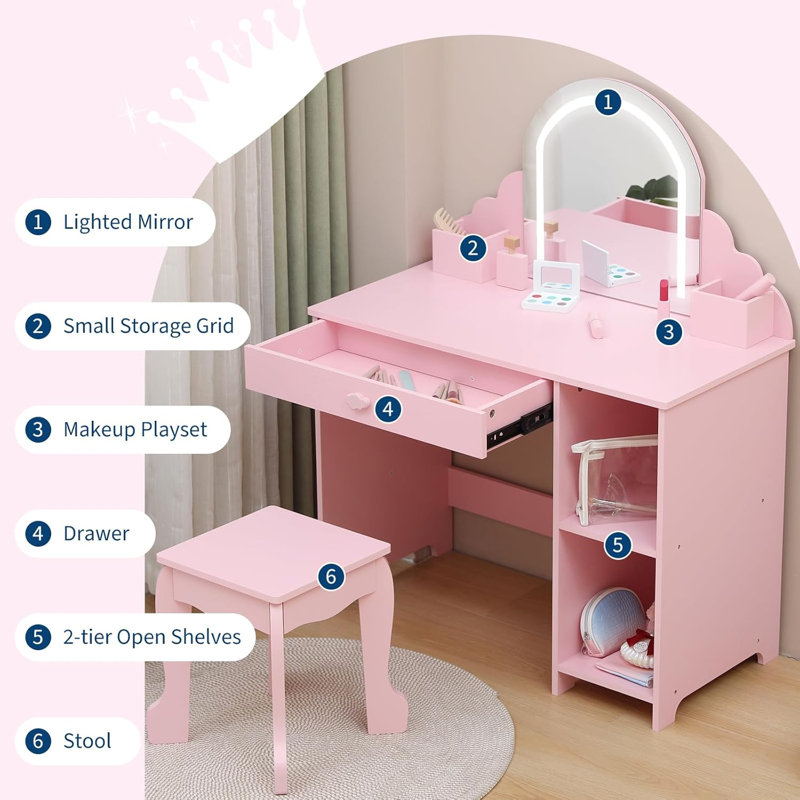 Lighted Mirror & Open Shelves Vanity Desk - Princess Makeup Table with Stool, Drawer & Pretend Toys, Wooden Dressing Table