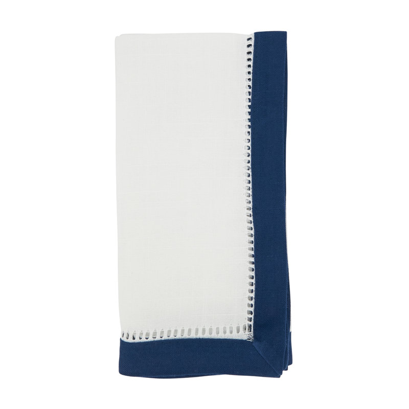 Contrast Border Two-tone Hemstitch Cloth Napkins 20" W X 20" L, Set Of 4, Navy Blue