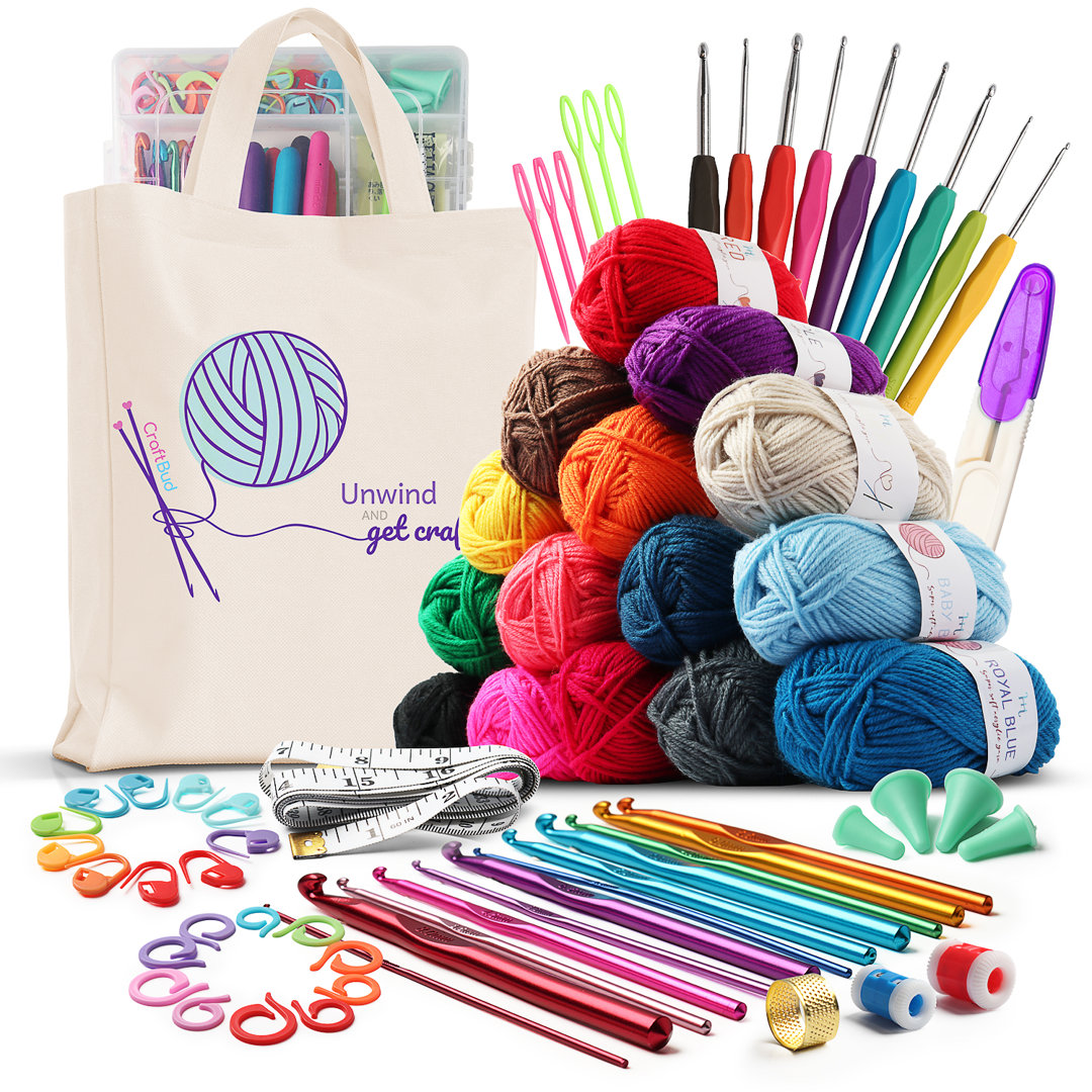 CraftBud 73 Piece Crochet Kit with Yarn, Crochet Hooks, and Bonus Crochet Accessories CraftBud