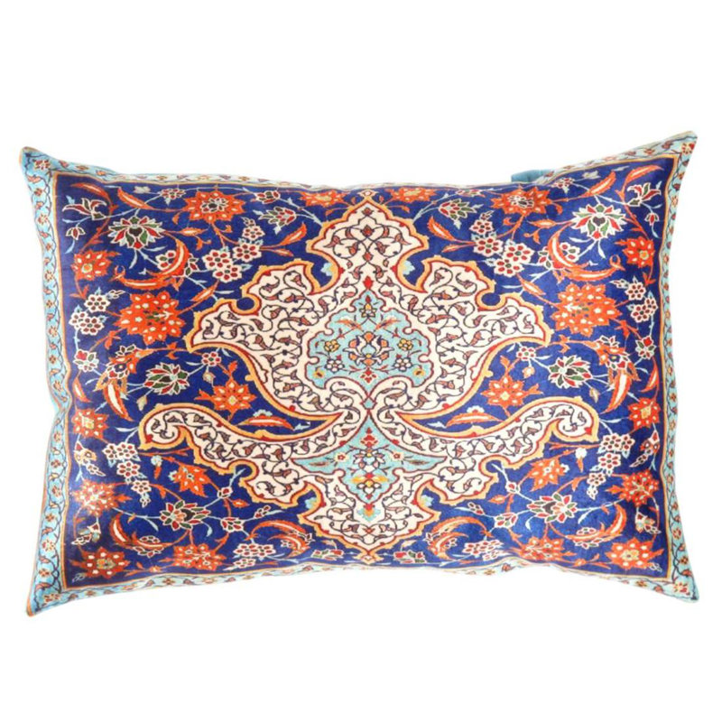 Coussin décoratif en velours, H 16 po x l 24 po, Forme rectangulaire, Bleu marine / orange / beige