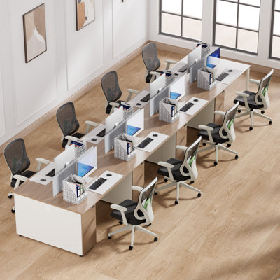 Bureaux de travail modulaires fixes pour 8 personnes avec 8 chaises de bureau certifiées BIFMA Okeysen