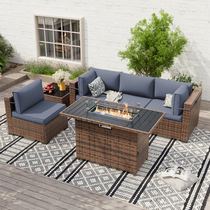 Ensemble de conversation modulaire en rotin Babak avec foyer et table basse, Gris, 4
