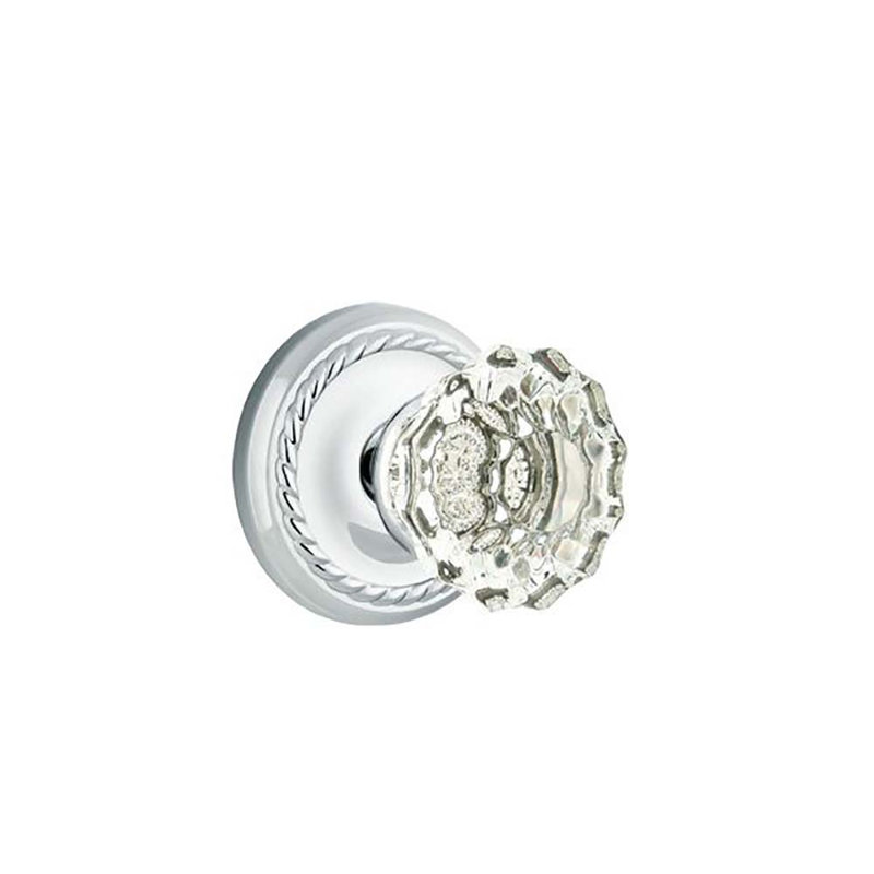 Ensemble de boutons de passage Emtek avec rosette en corde et poignée en verre Astoria, Chrome poli