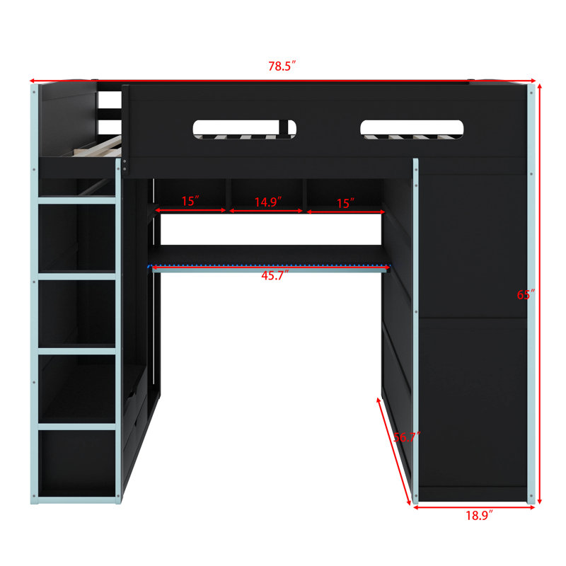 Lit mezzanine double avec bureau, garde-robe, tiroirs, port USB, bande à DEL RVB, lit pour poste de travail, Bleu nuage
