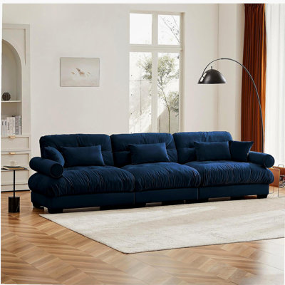 Extra Large  3 Seat Modern Velvet Sofa, Oversize Sofa, Clould Like Comfortable Seat and Back Support, With Waist Pillows and Throw Pillows, Blue