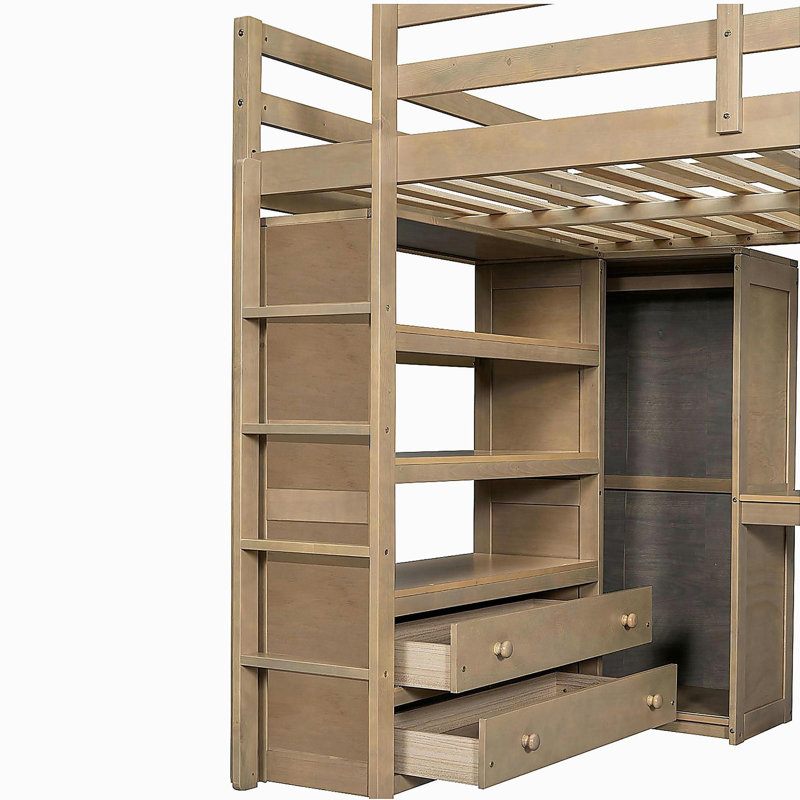 Lit mezzanine en bois pleine grandeur avec garde-robe intégrée, bureau, tablettes de rangement et tiroirs, noyer (ancien SKU: GX000466AAD)