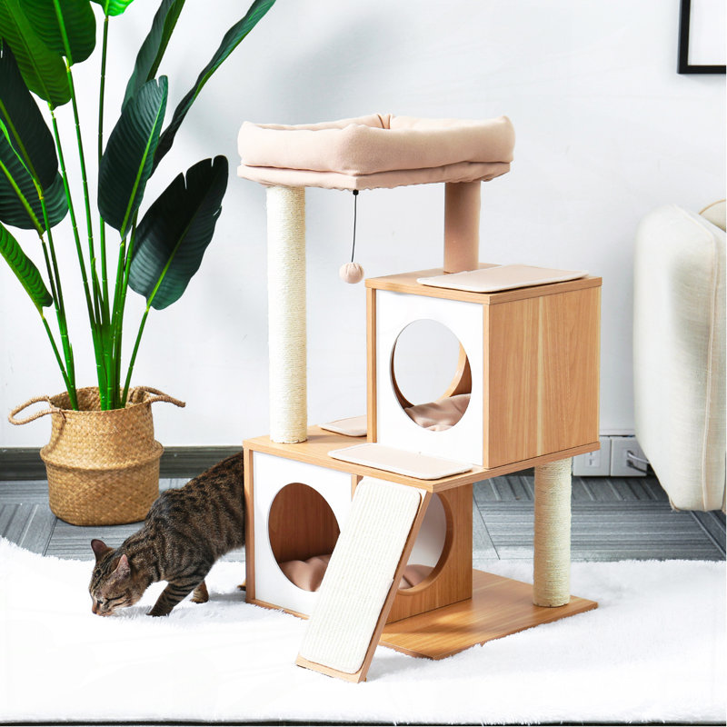 35-Inch Wooden Medium Cat Tree House, Beige