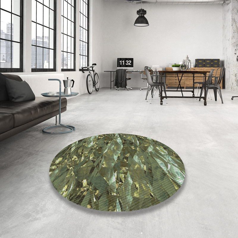 Tapis vert/brun à motifs, Rond 4 pi