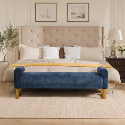Banc de repose-pieds 65 po, banc en chenille pour chambre à coucher, banc de bout de lit rembourré et pieds dorés, bancs de chambre à coucher avec accoudoirs pour fenêtre de salon et entrée