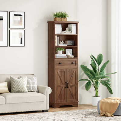 70.9" Farmhouse Tall Storage Cabinet with Drawer and Doors, Wooden Freestanding Bathroom Organizer with Open Shelves for Small Spaces