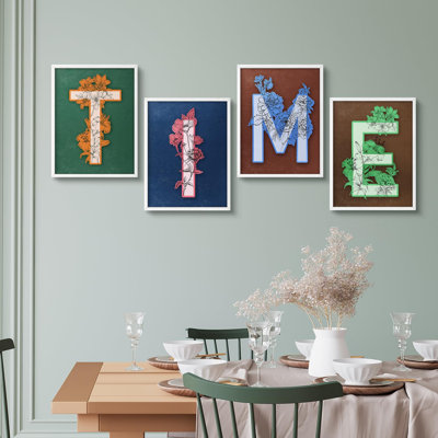 "Floral Time, typographie, œuvre d'art moderne et minimaliste", 4 pièces