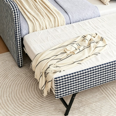 Cozy Gingham Daybed With Trundle Twin Size Sofa Bed No Box Spring Needed, With USB Port And Adorable Wave Shaped, Linen Fabric, Navy