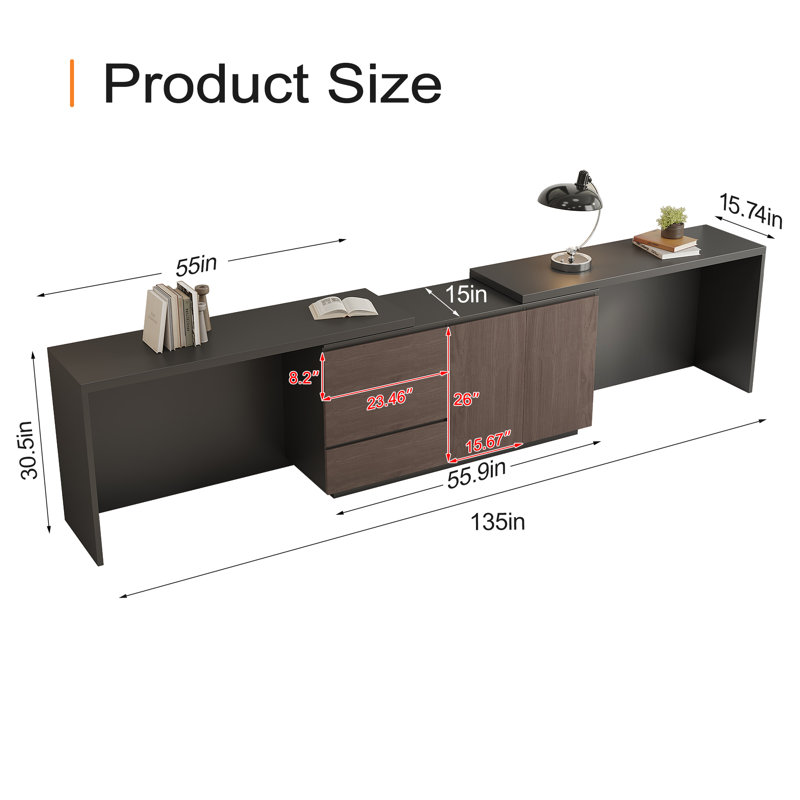 135'' Modern Home Office Extendable Desk With Storage Drawers And Cabinets
