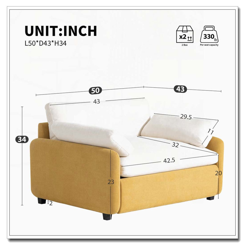 Fauteuil simple surdimensionné en chenille 50 * 43 ", chaise d'appoint large et profonde, Crème, jaune