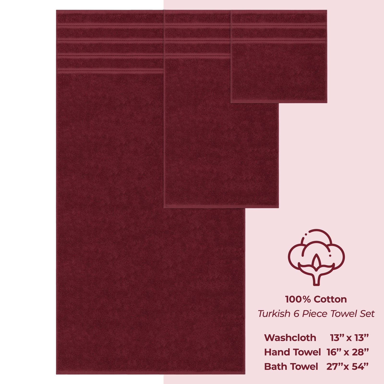 100% Cotton Premium Turkish Bath Towel Set, 6 Piece Super Soft and Absorbent Darcelle Collection, Burgundy Red