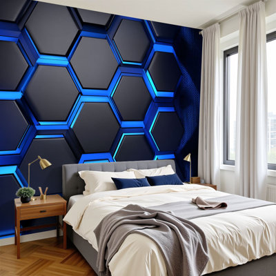 Technological  Peel and Stick Wallpaper Blue Futuristic Hexagon Honeycomb Glowing Neon Edges 3D Technology Wall Murals 100"H x 144"W Removable PVC Wall Paper Self-Adhesive Wall Decor for Bedroom Living Room Play Room Home Office