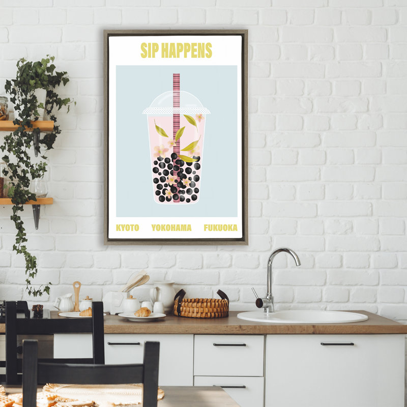 Cadre flottant Sip Happens Boba Tea, design par A Barefoot Stylist, H 31 po x l 21 po, Cadre flottant orme Montalcino