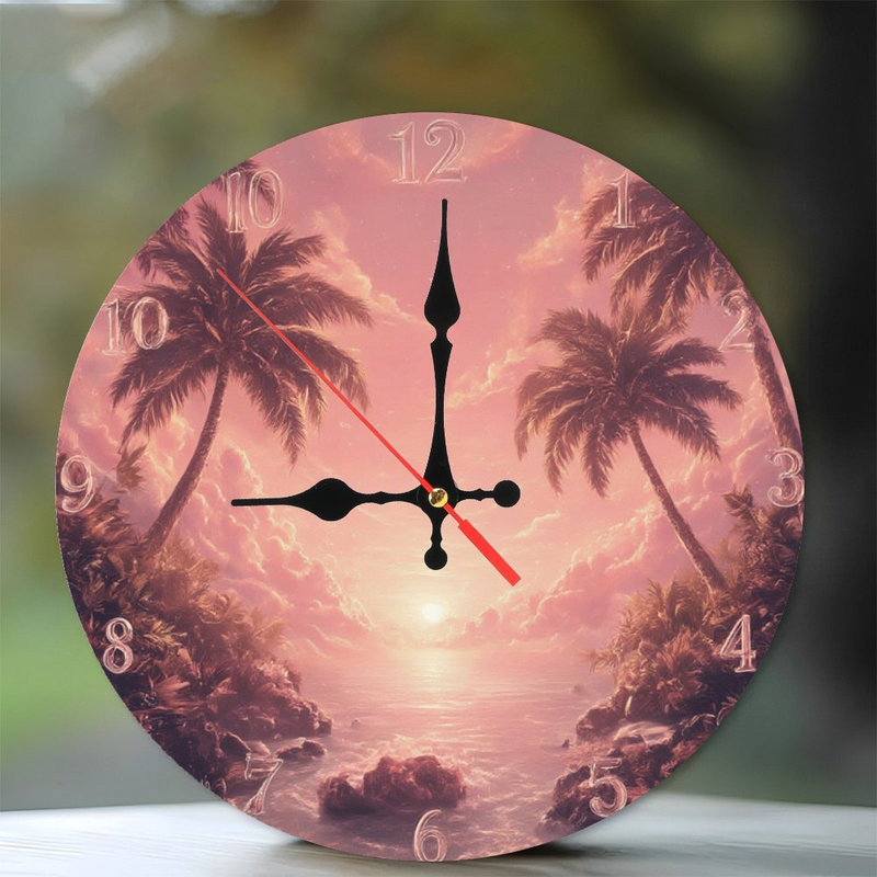 Clock Face With Tropical Sunset Palm Trees