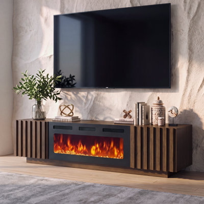 70" Fluted Fireplace TV Stand for TVs up to 75", TV Stand with Electric Fireplace, Entertainment Center with Storage Cabinets, Adjustable Shelves & Built-in Outlet, Walnut