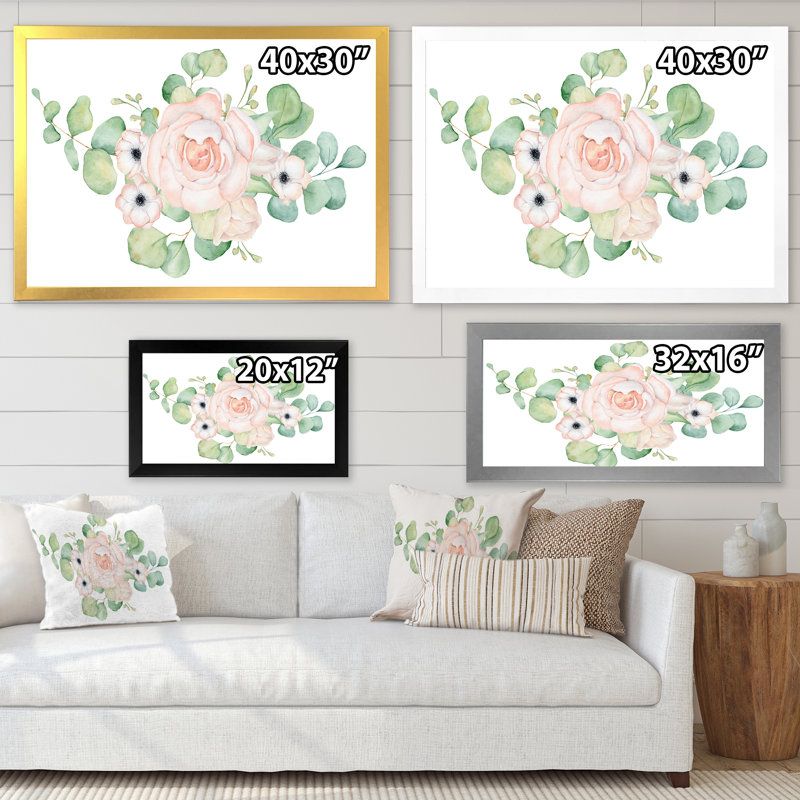 Fleurs et bouquet de feuilles d'eucalyptus II - Peinture sur toile, H 34 po x l 44 po x P 1,5 po, Cadre noir