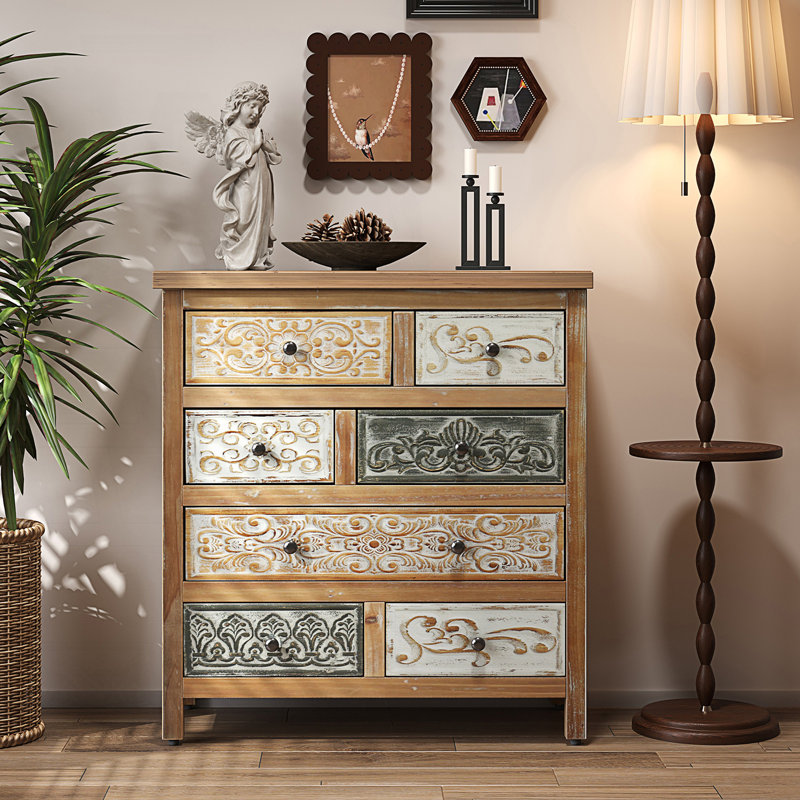 Commode vintage avec 7 tiroirs, commode de rangement rustique sculptée