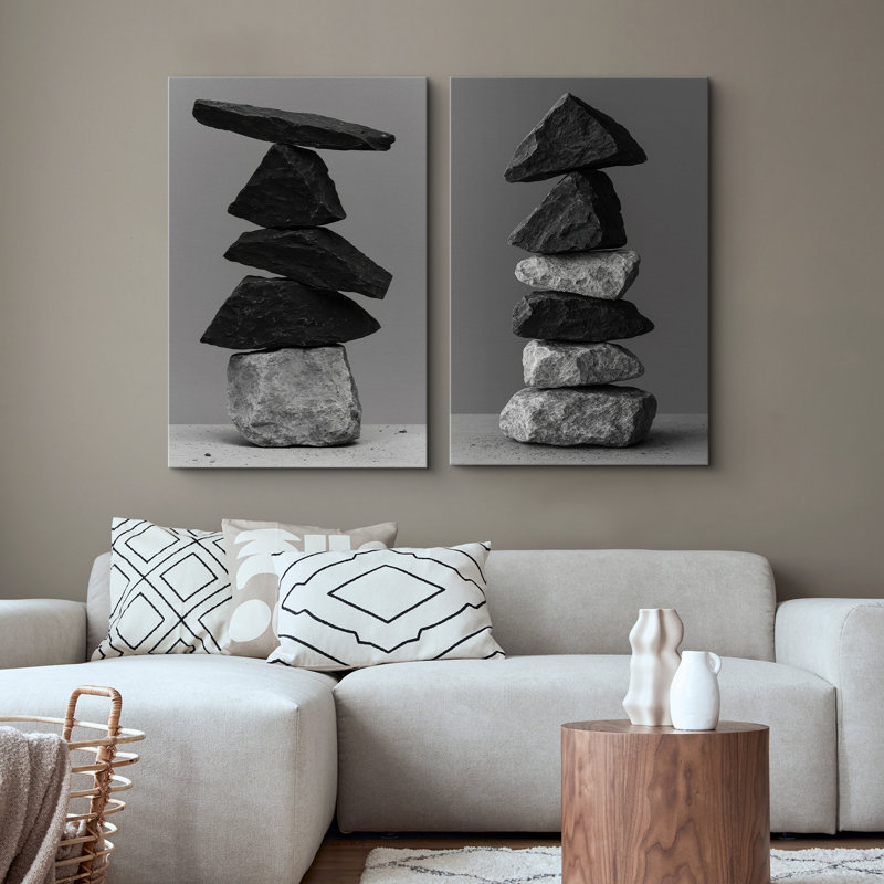 Zen Stone Balance Black and Gray Minimal Nature - Reproduction d'art sur toile encadrée 2 pièces, H 24 po x l 32 po