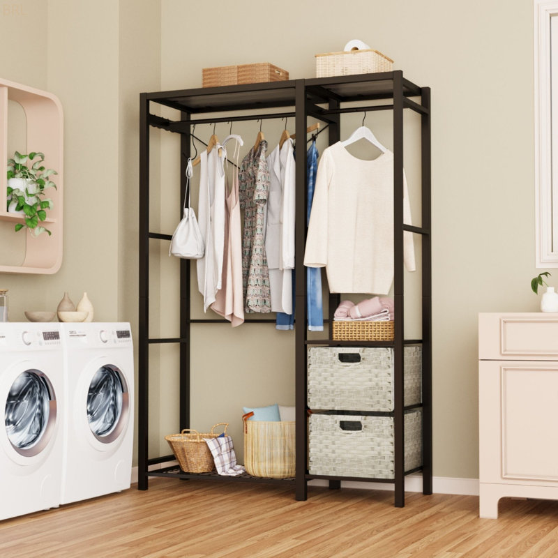Acacia Wood Garment Racks With Shelves 2 Wicker Drawers And 4 Hooks Heavy Duty Closet Organizer For Hanging Clothes, Freestanding Closet Wardrobe Rack