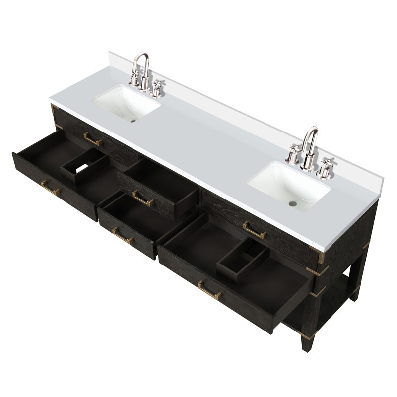Ensemble de meuble-lavabo double avec comptoir en quartz et robinet, Noir, noir, noir, noir