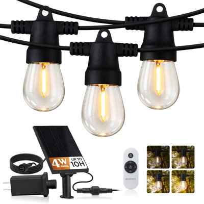 Hybrid 27 ft. Solar Powered & Plug-In LED String Lights Outdoor Patio Waterproof with 12 Soft White S14 Shatterproof Edison Bulbs, Dimmable, Remote Control