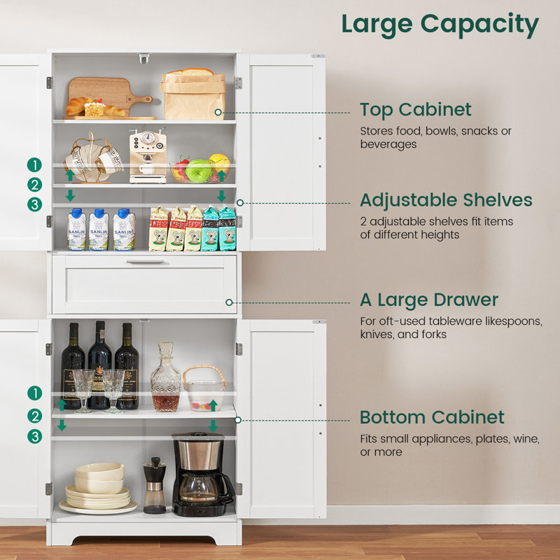 Jymari 67" Tall Kitchen Pantry Storage Cabinet,Bathroom Storage Cabinet with 1 Large Drawer & 2 Large Cabinets, Silver, White