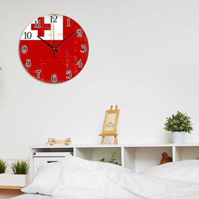 Tonga Wall Clock Tonga Flag PVC Home Decor Wall Clocks National Flag Patriotic Wall Clocks Battery Operated Quartz Silent Round Clock For Kitchen Bedroom Office 12X12in