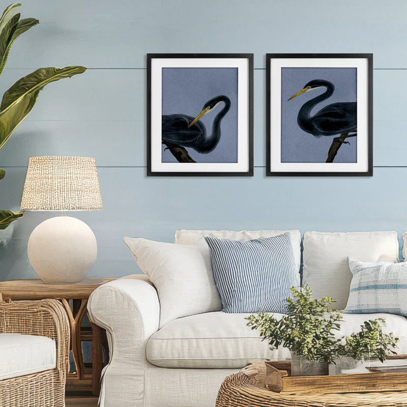 «Black Heron Birds», ensemble de 2 reproductions encadrées sous verre, par Grace Popp, H 21 po x l 17 po, Cadre noir minuit