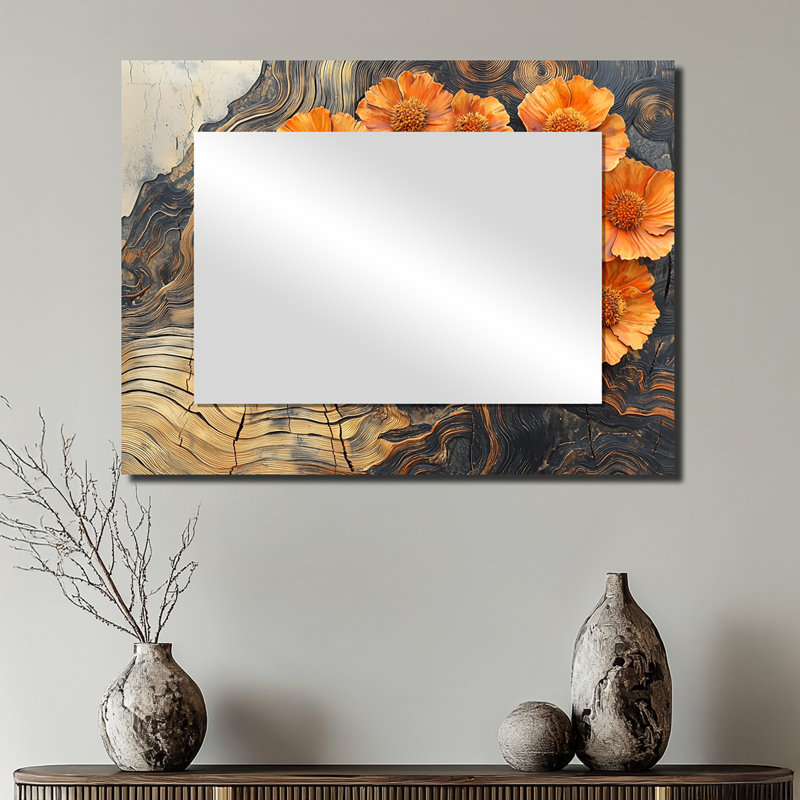Fleurs de souci d'automne sur glissade sur bois I - Art mural miroir floral - imprimé sur métal, 24 po x 32 po