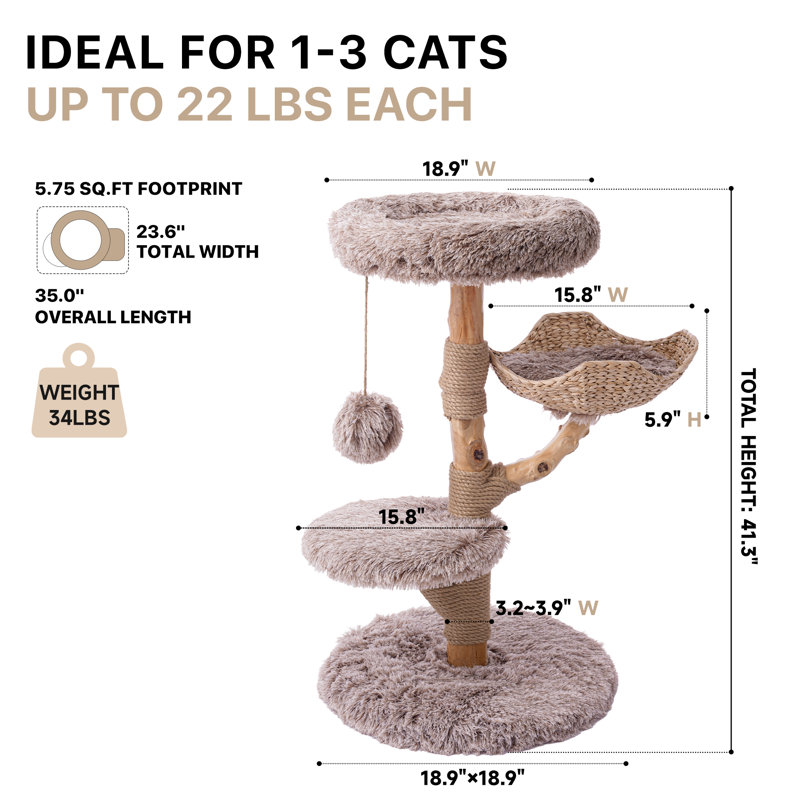 Arbre à chat en bois massif Artisan, Beige