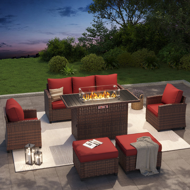 Samya 7 - Person Outdoor Conversation Sets All-Weather Firepit Seating Group With Cushions, Red/Brown