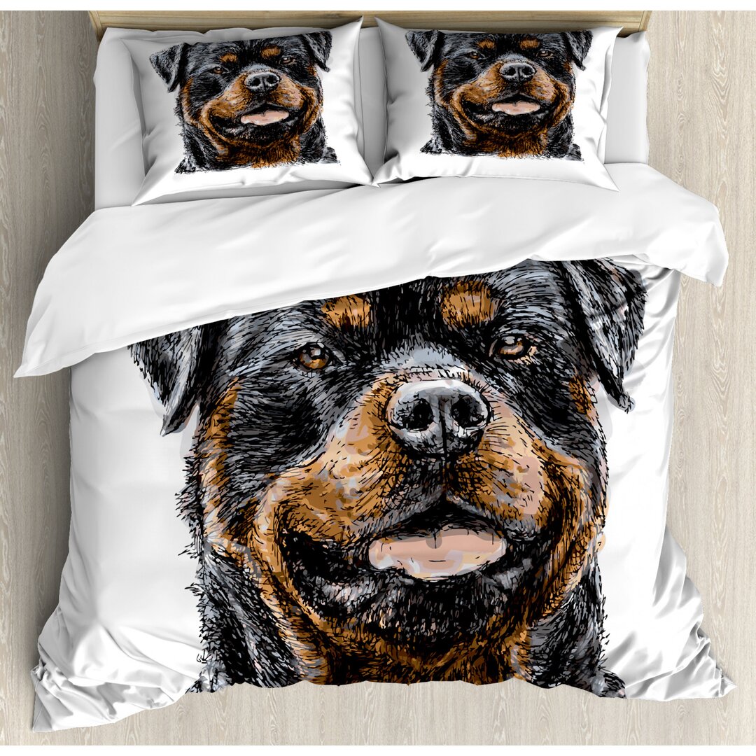 Bettbezug Set, Hand gezeichnetes Bild von Hund, Rottweiler, Dunkelgrau Braun