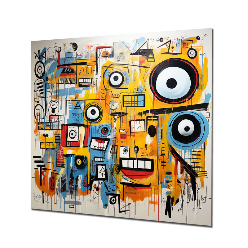 Art mural jaune et bleu, yeux et chaos I - Collages abstraits, art mural en métal, H 16 po x l 16 po