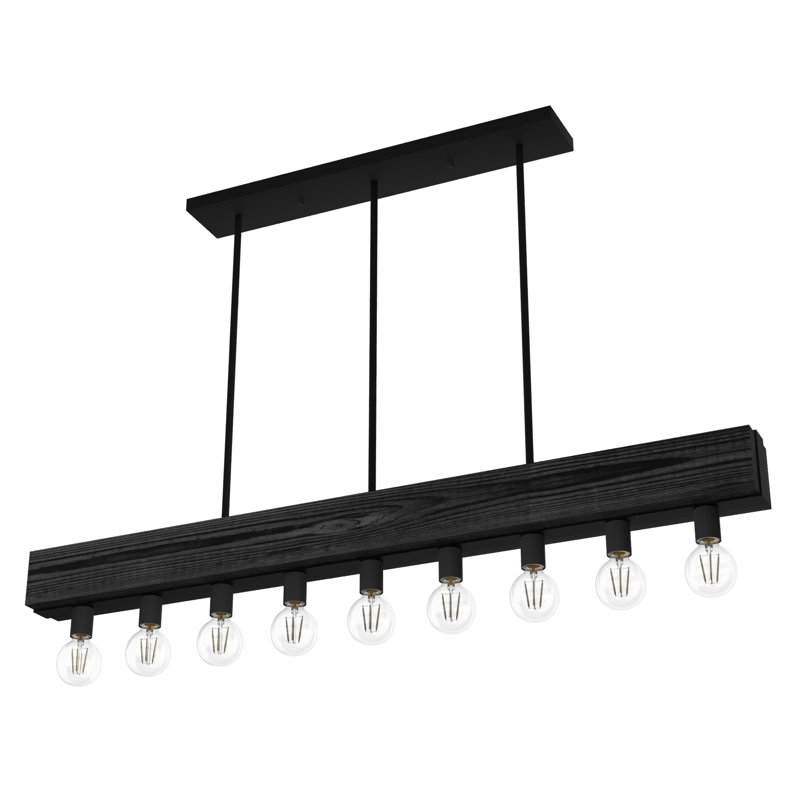 Donelson Black Iron and Wood 9-Light Linear Chandelier