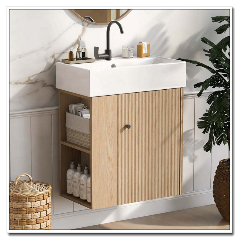 Floating Bathroom Vanity with Ceramic Basin, Wood