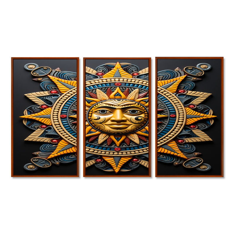 Soleil souriant bleu et jaune - ensemble d'art mural mandala bohème, H 28 po x l 36 po x P 1 po, Cadre flottant brun