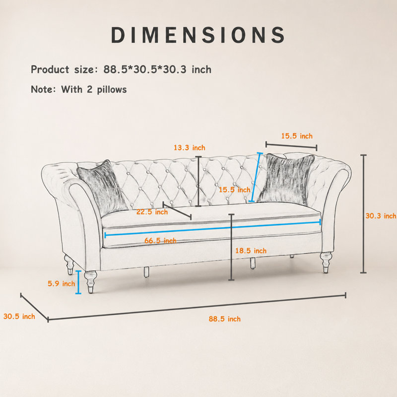 FX-P31-RB (SOFA 834-53) Canapé Chesterfield moderne en velours de 88,5 po avec capitonnage à boutons profonds, accoudoirs roulés et pieds en bois brossé doré