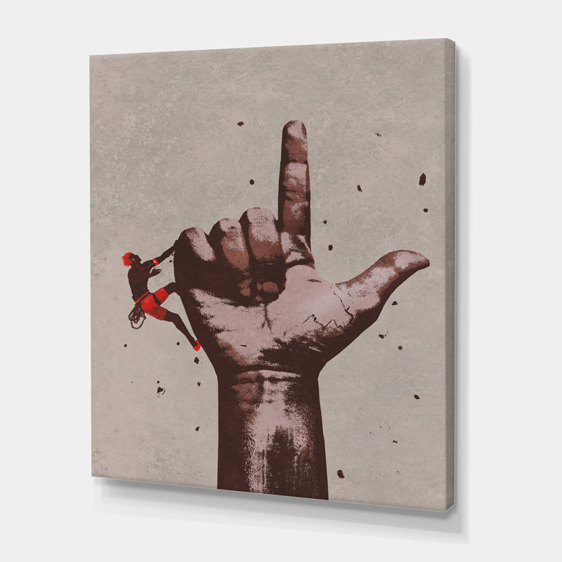 Doigt pointant vers le haut, signe avec grimpeur - Peinture sur toile, H 32 po x l 24 po x P 1 po, Toile tendue