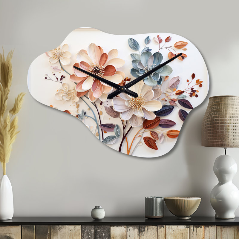 Collage botanique blanc - horloge murale en métal Botanicals, impression d'horloge murale asymétrique moderne, Petit