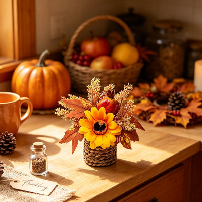 Décorations d'automne pour l'Action de grâce : plantes et ornements artificiels à baies, pour le salon, le bureau ou la chambre.