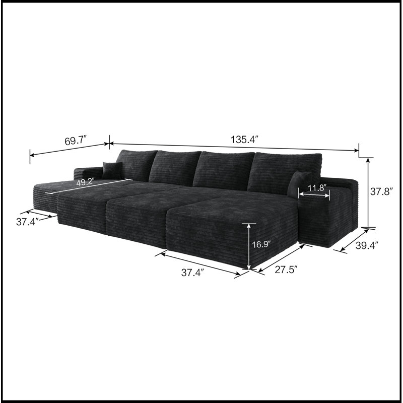 Luxueux canapé-lit modulaire pour salon avec tissu moelleux et sans assemblage, Noir
