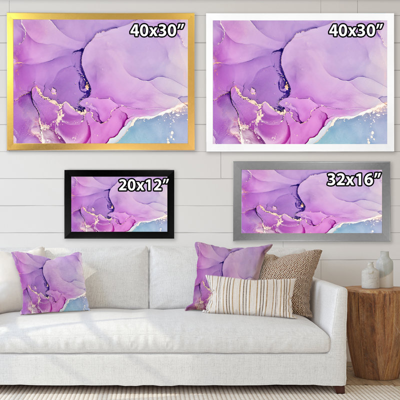 Mauve et fuchsia liquide, art I - peinture sur toile, H 30 po x l 40 po, Toile à cadre d'angle fermé doré