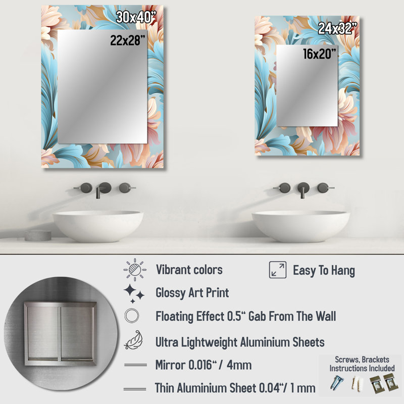 Baynham Pink And Blue Damask Flowering - damask  Mirror, Damask Unique Wall Mirror, Printed Metal Art, 40" x 30"