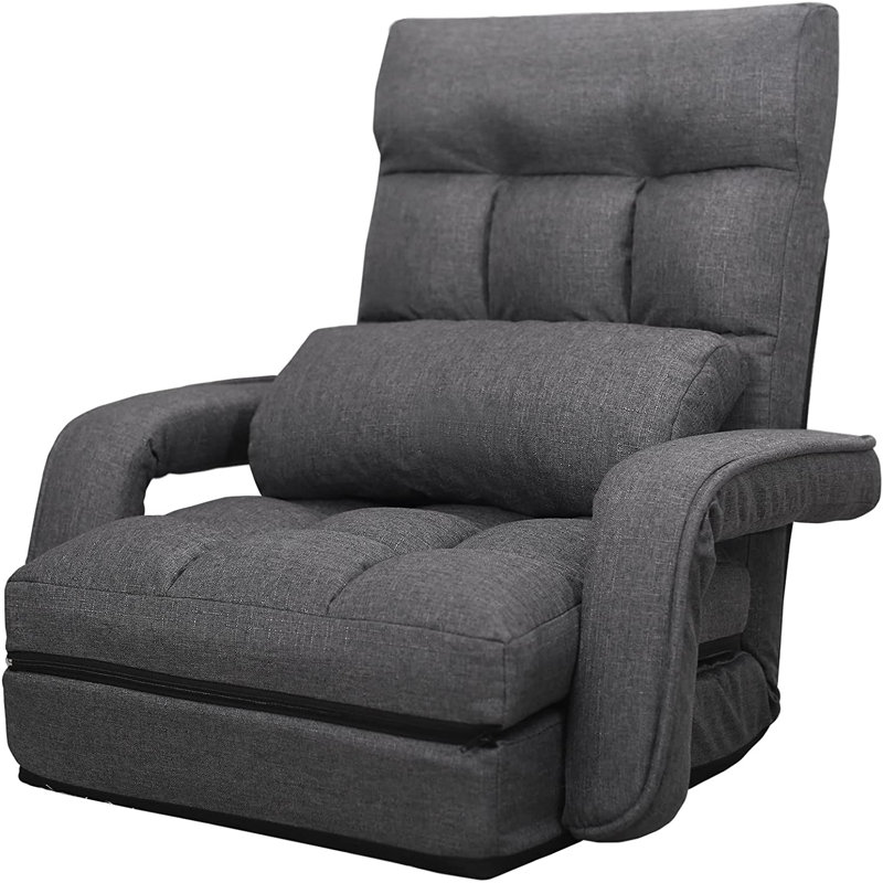 Trule Folding Lazy Sofa Floor Chair Sofa Lounger Bed with Armrests and Pillow, Dark Gray
